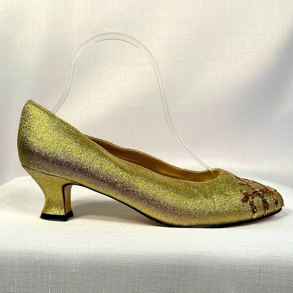GOLD DOLCE GOLD LAME 2” HEELS GOLD TULIP VINTAGE - Picture 1 of 5